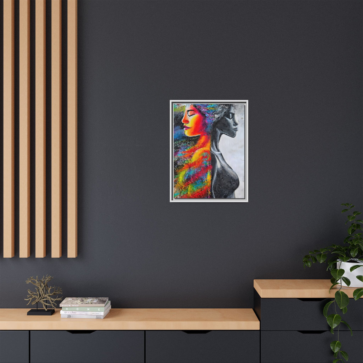 Framed Matte Canvas Art – Colorful Dual-Faced Woman Portrait