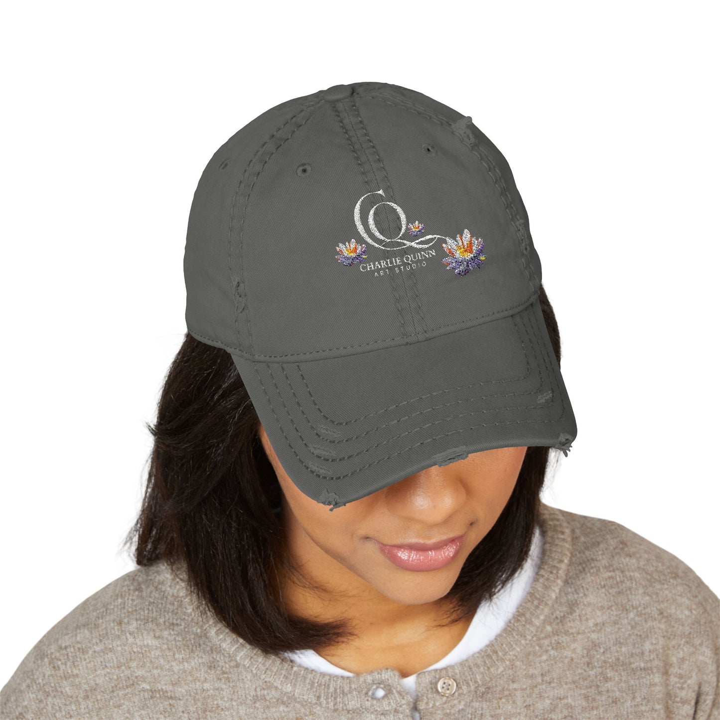 Distressed Embroidered Dad Hat – CQT Lotus Logo Design