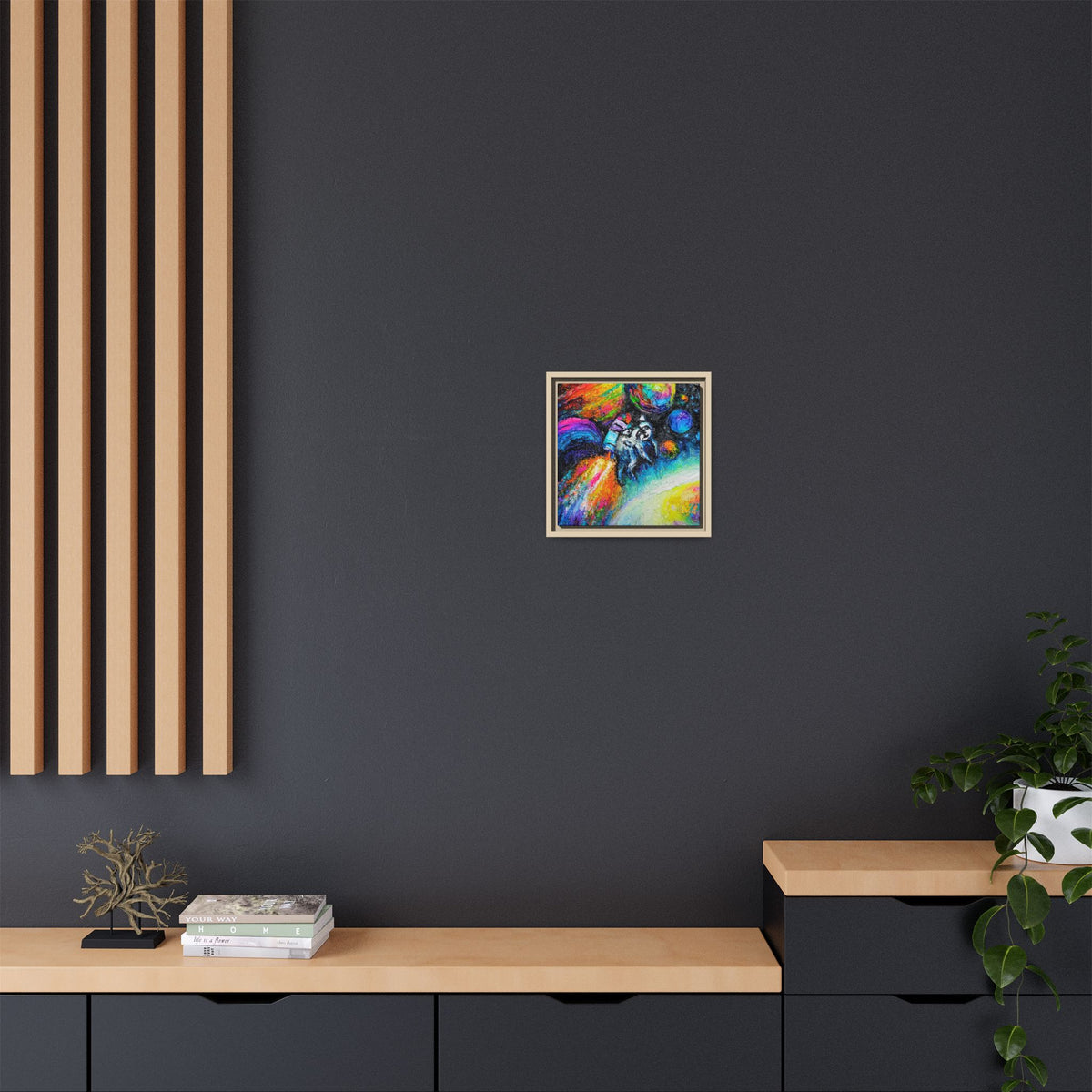 Framed Matte Jimothy in Space Canvas Art – Colorful Astronaut Space Painting