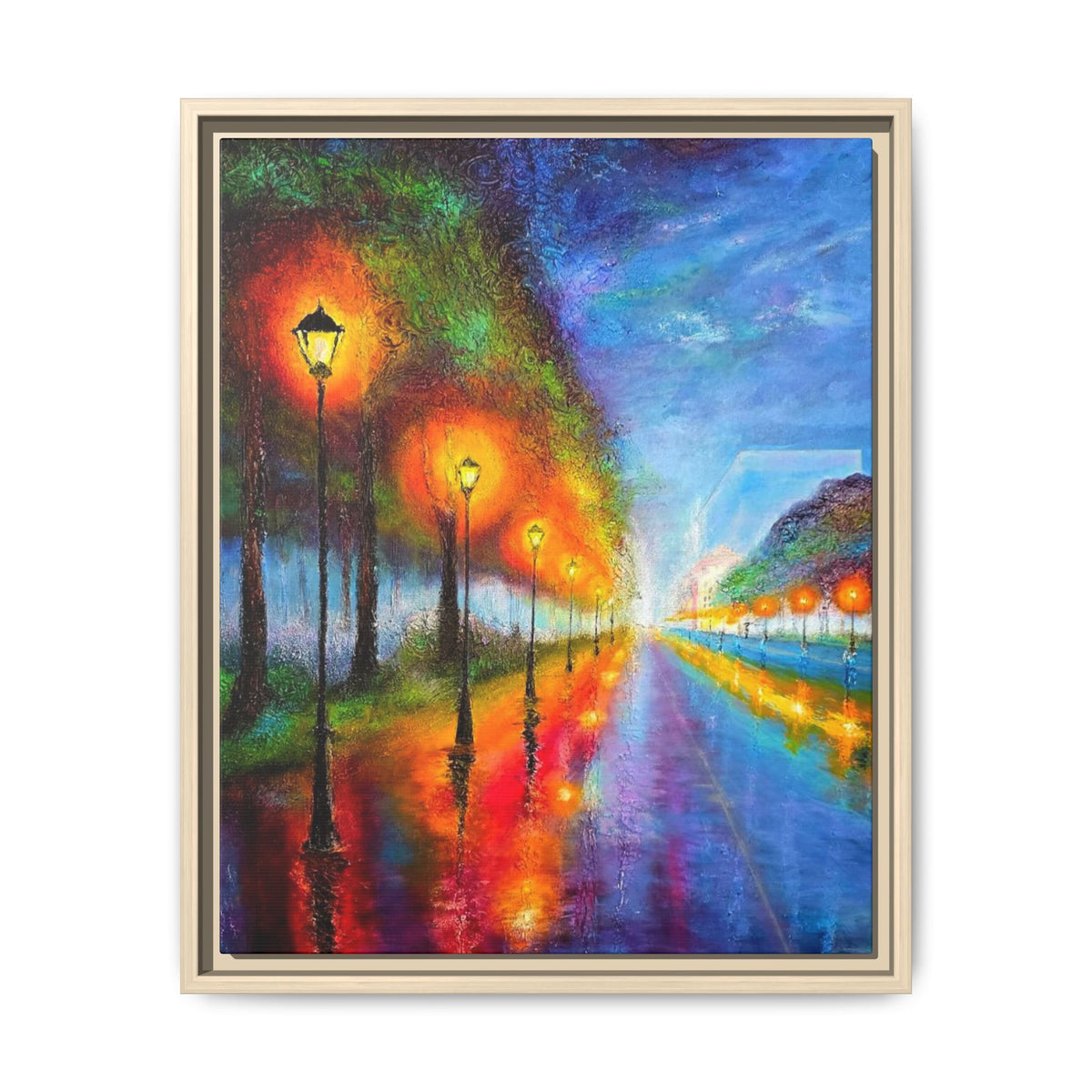 Framed Matte Canvas - Colorful City Street Lamp Nightscape