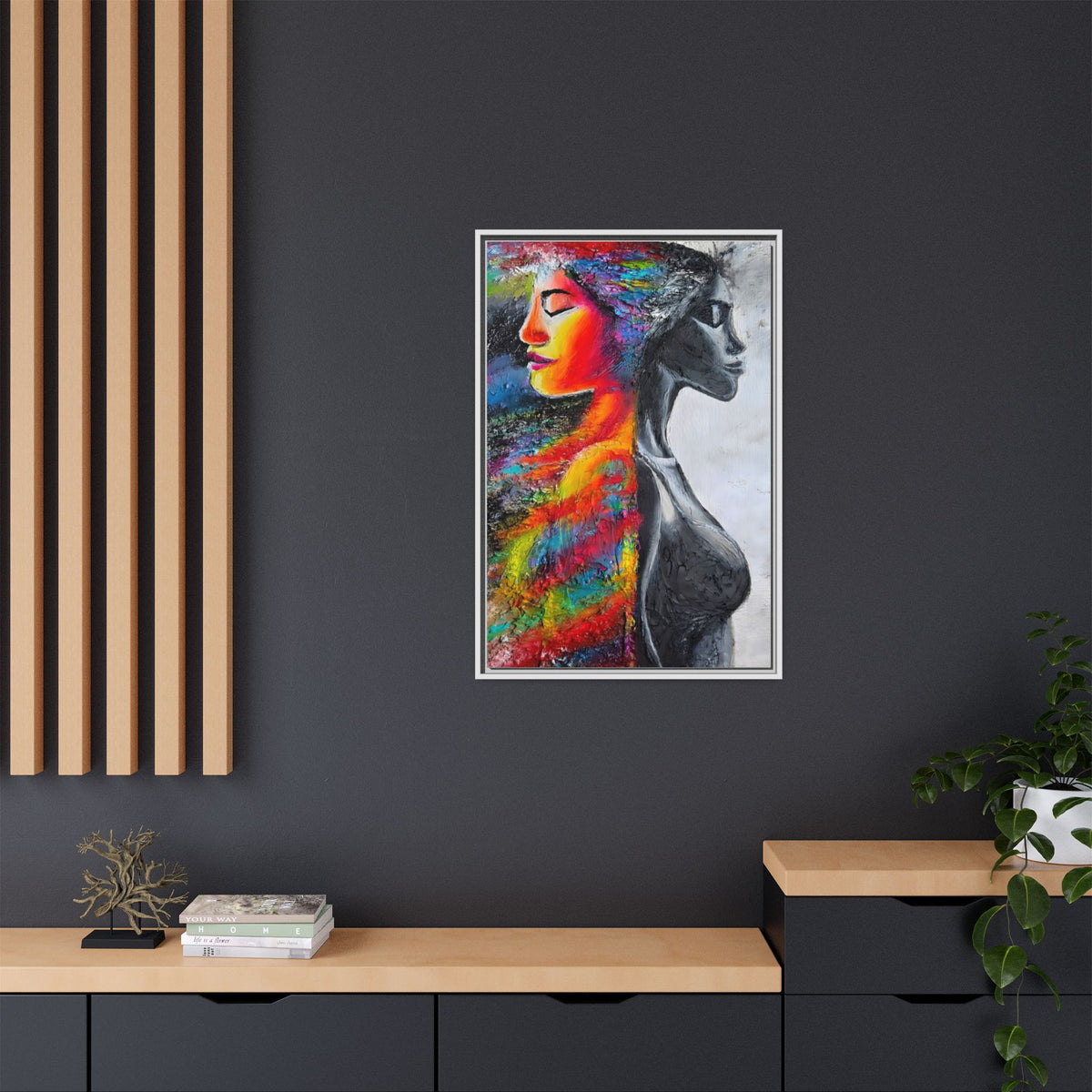 Framed Matte Canvas Art – Colorful Dual-Faced Woman Portrait