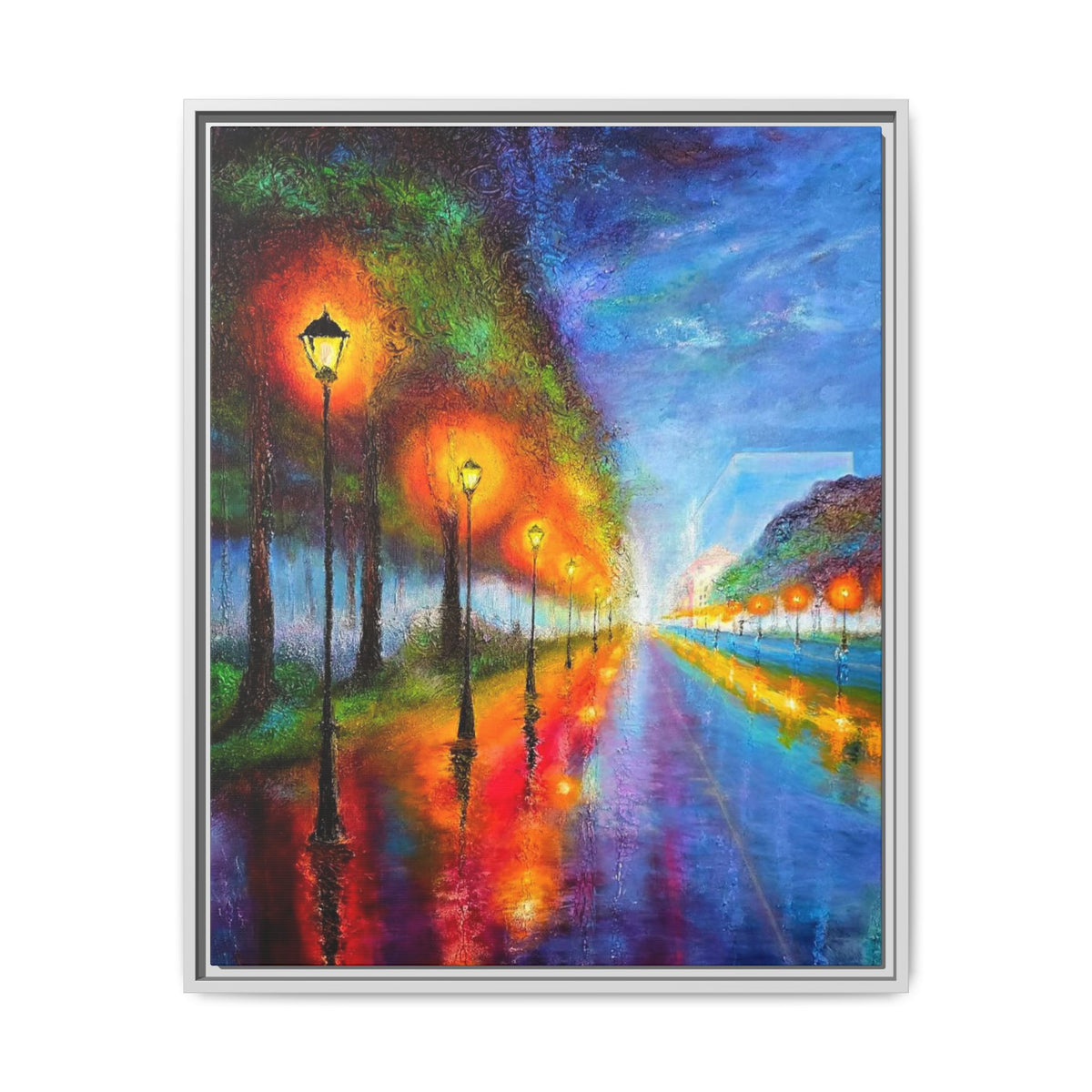 Framed Matte Canvas - Colorful City Street Lamp Nightscape