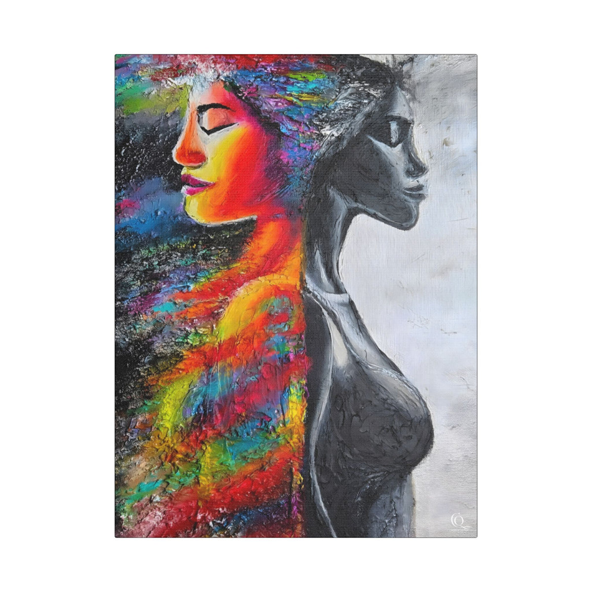 Abstract Duality Portrait Satin Canvas Art - Colorful Woman & Monochrome Silhouette Stretched