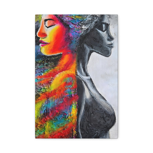 Duality Portrait Canvas Print — Colorful Woman & Monochrome Silhouette Stretched Matte