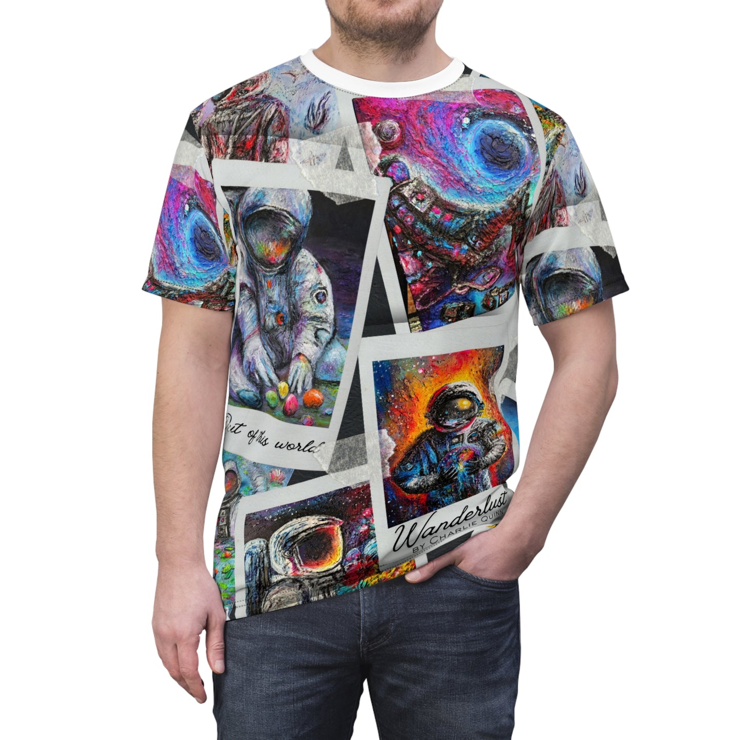 Wanderlust Astronaut Collage Tee — All-Over Print Space Art T-Shirt