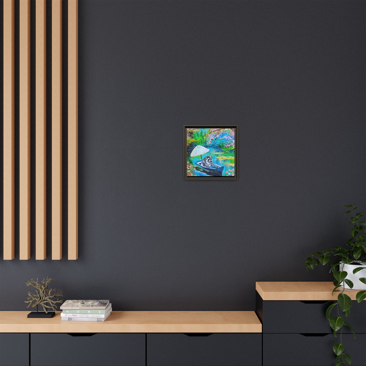 Framed Matte Canvas Art — Jimothy in a Boat Spring Landscape