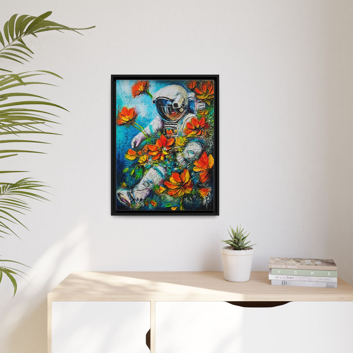 Framed Astronaut Art Print — Colorful Floral Space Canvas