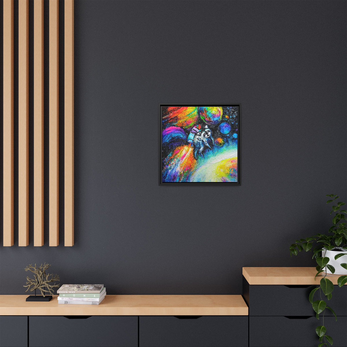 Framed Matte Jimothy in Space Canvas Art – Colorful Astronaut Space Painting