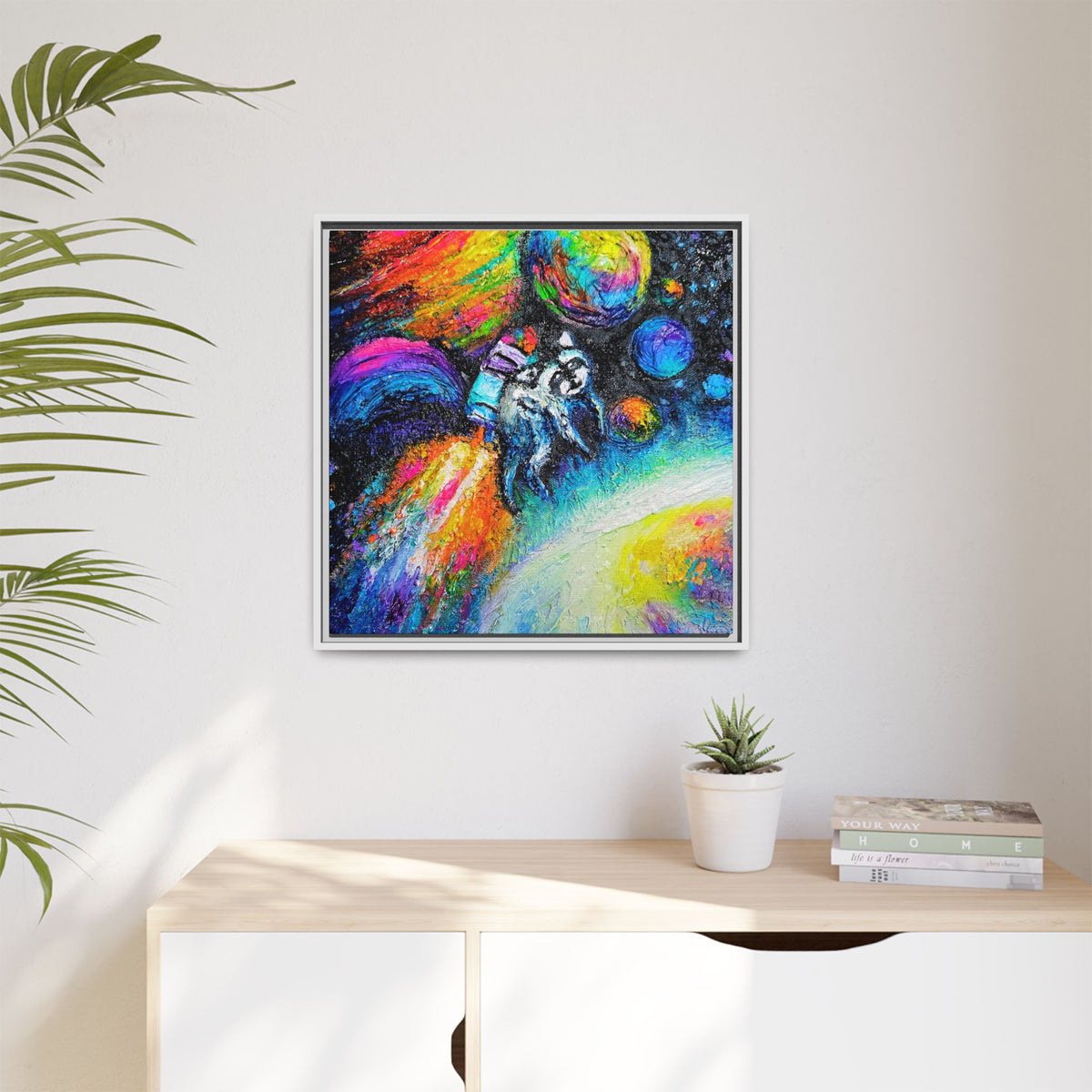 Framed Matte Jimothy in Space Canvas Art – Colorful Astronaut Space Painting