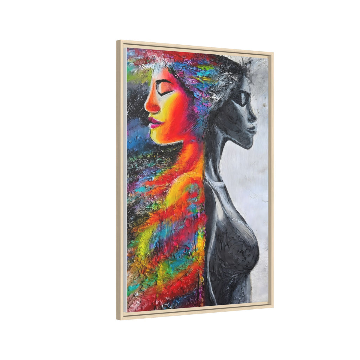 Framed Matte Canvas Art – Colorful Dual-Faced Woman Portrait