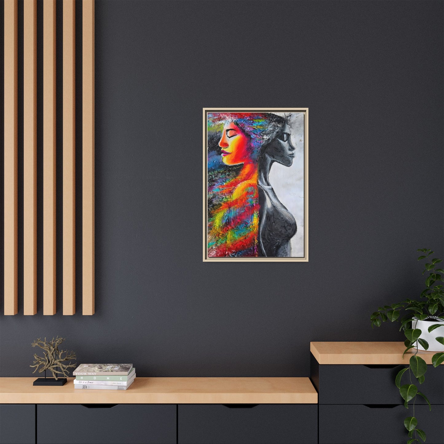 Framed Matte Canvas Art – Colorful Dual-Faced Woman Portrait