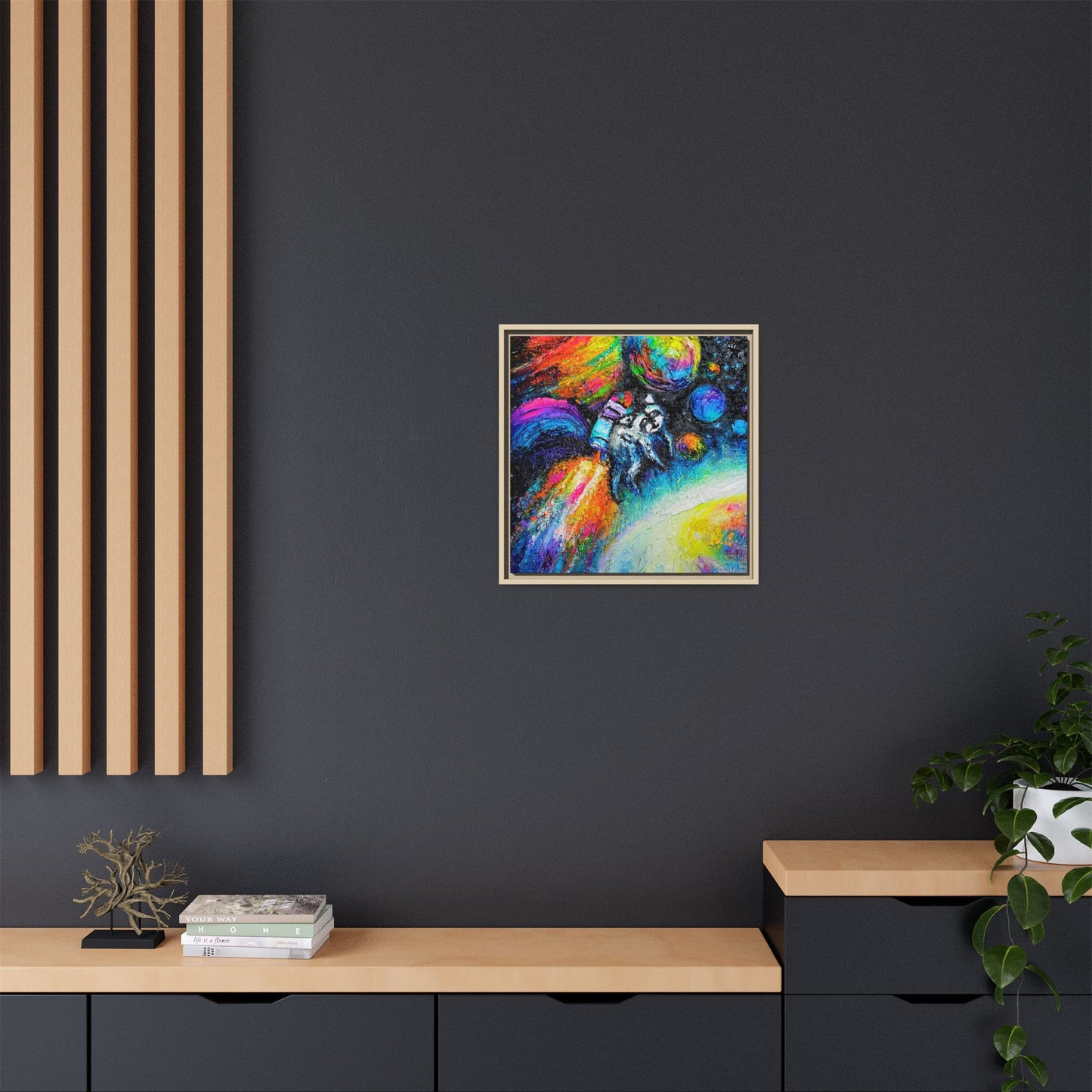 Framed Matte Jimothy in Space Canvas Art – Colorful Astronaut Space Painting