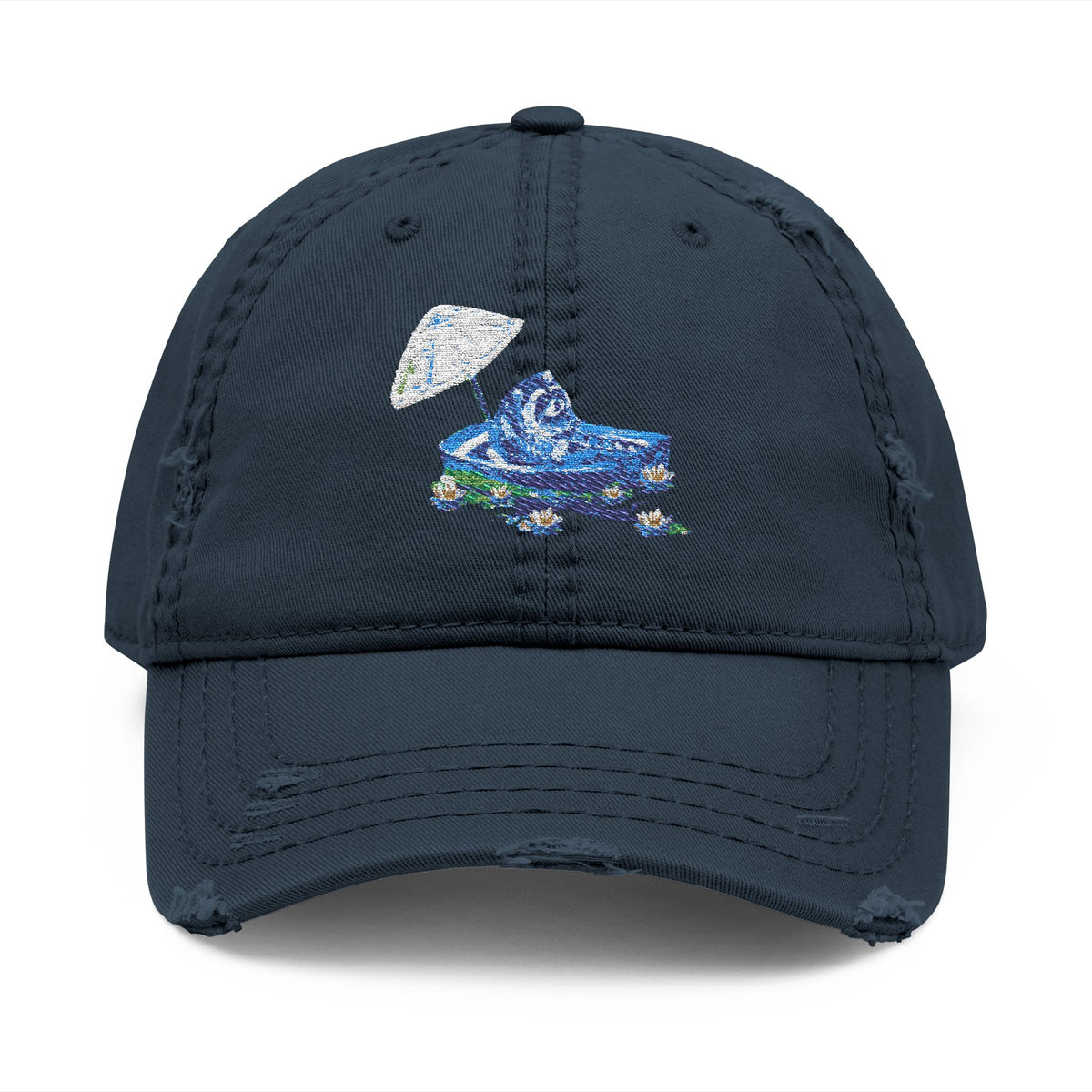 Distressed Embroidered Dad Hat — Blue Abstract Raccoon Design
