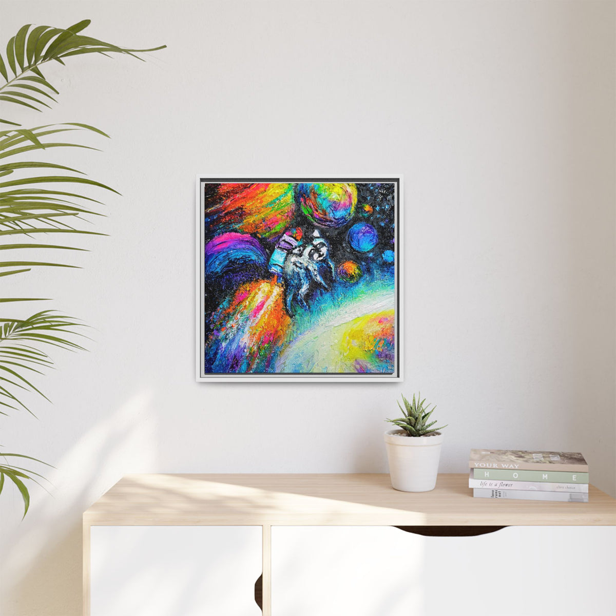 Framed Matte Jimothy in Space Canvas Art – Colorful Astronaut Space Painting