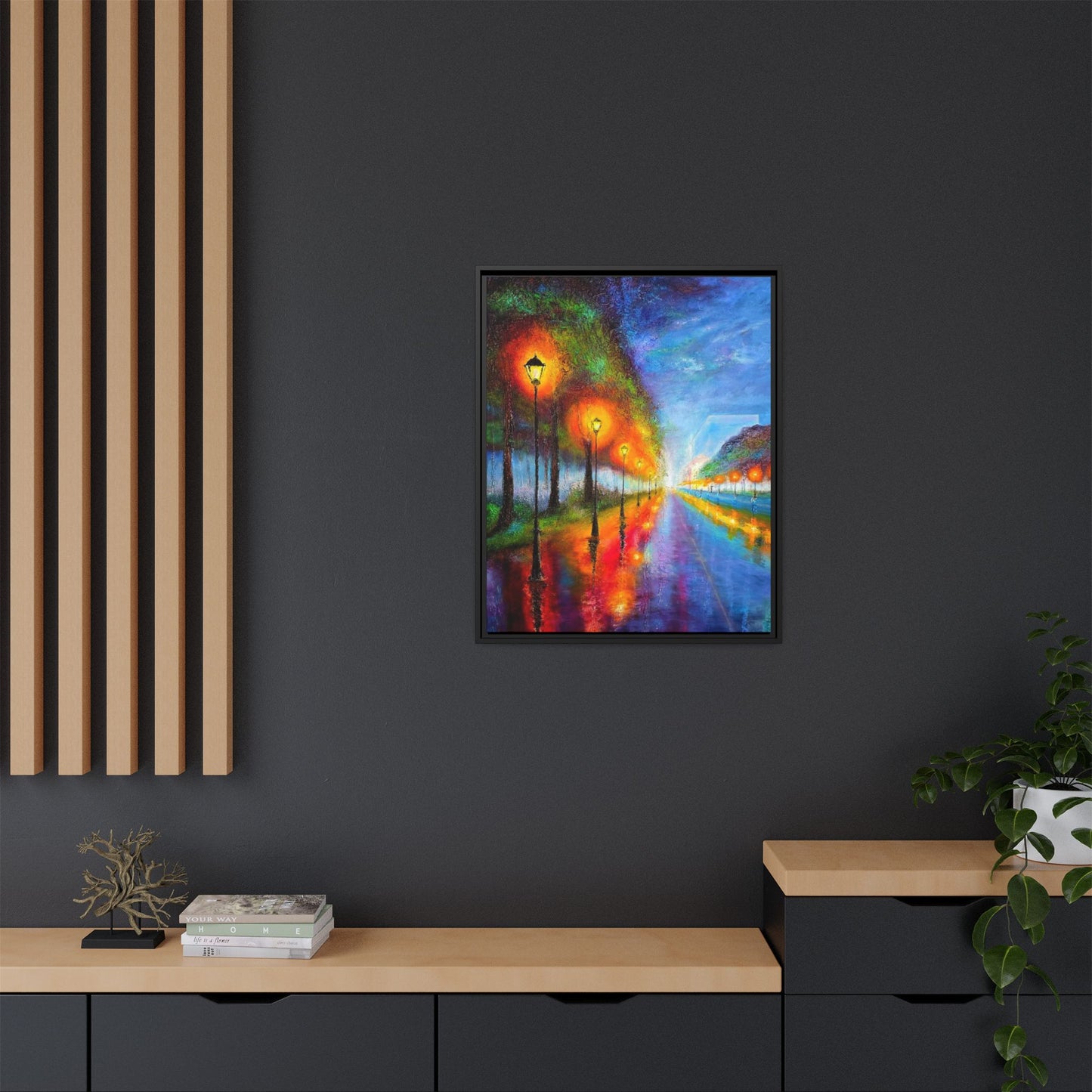 Framed Matte Canvas - Colorful City Street Lamp Nightscape