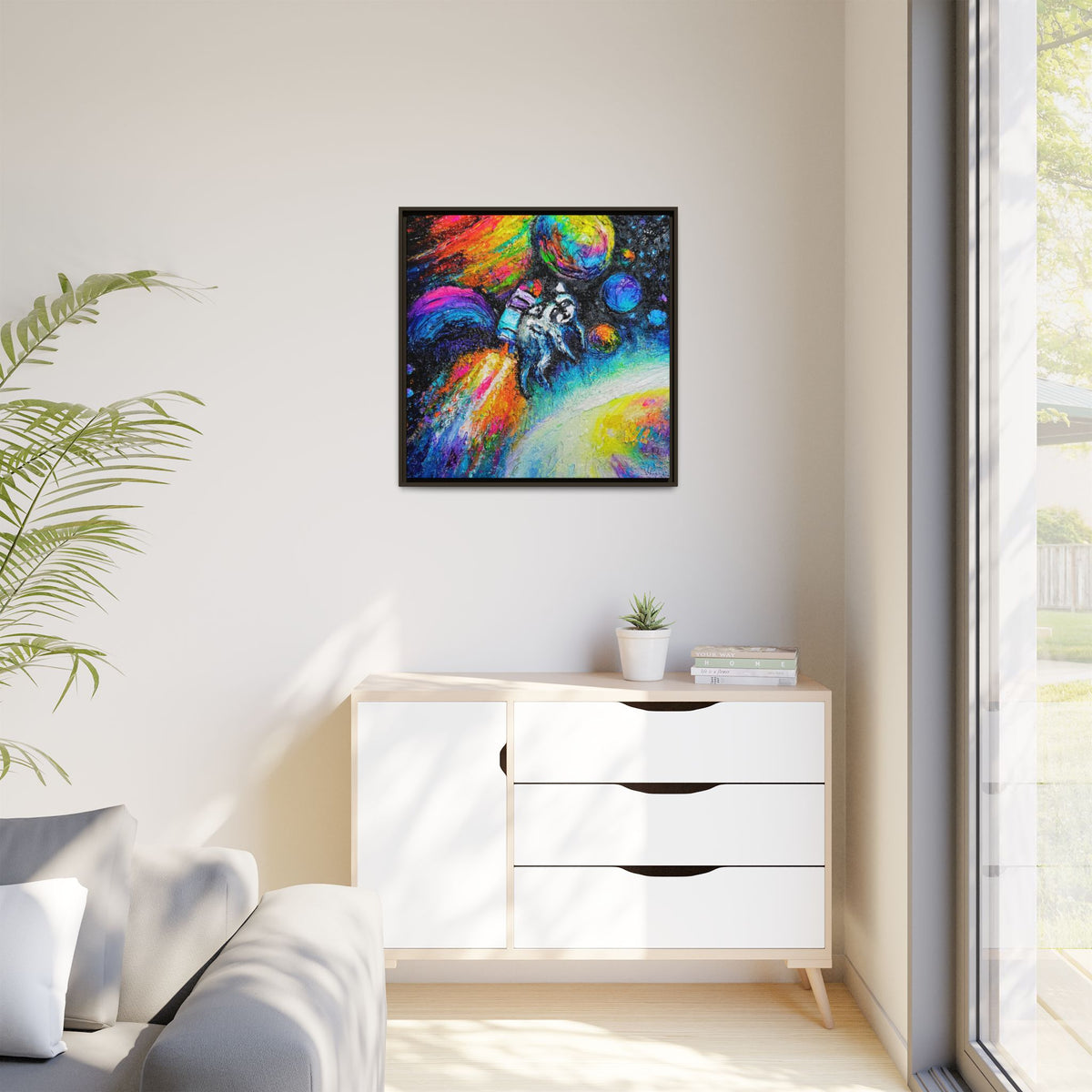 Framed Matte Jimothy in Space Canvas Art – Colorful Astronaut Space Painting