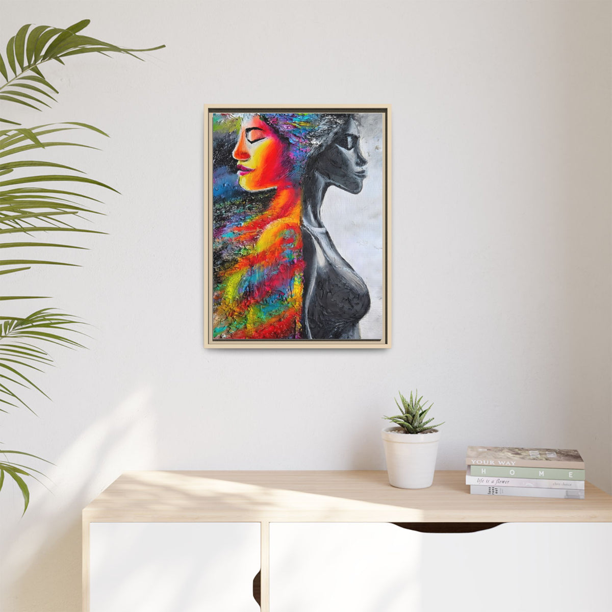 Framed Matte Canvas Art – Colorful Dual-Faced Woman Portrait