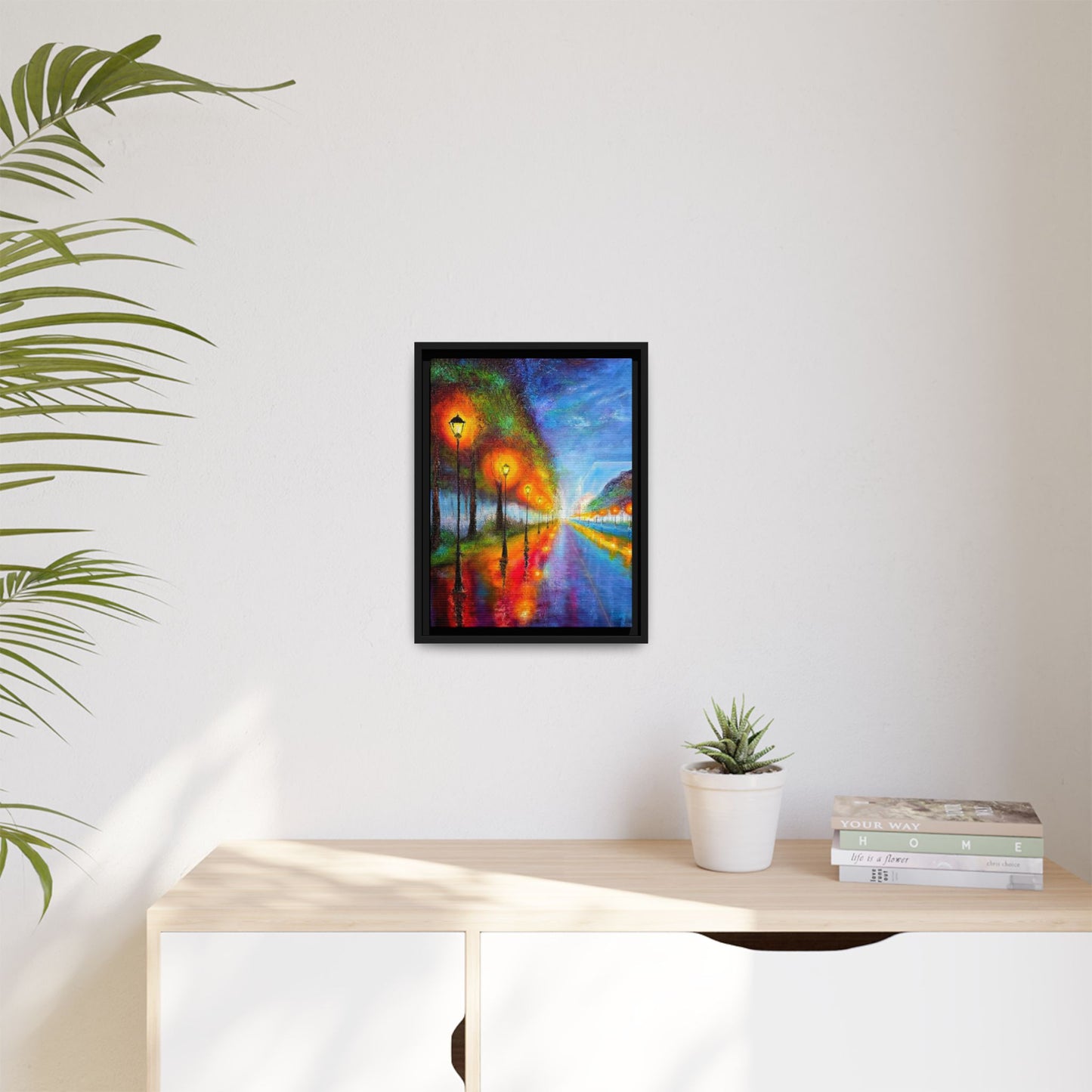 Framed Matte Canvas - Colorful City Street Lamp Nightscape