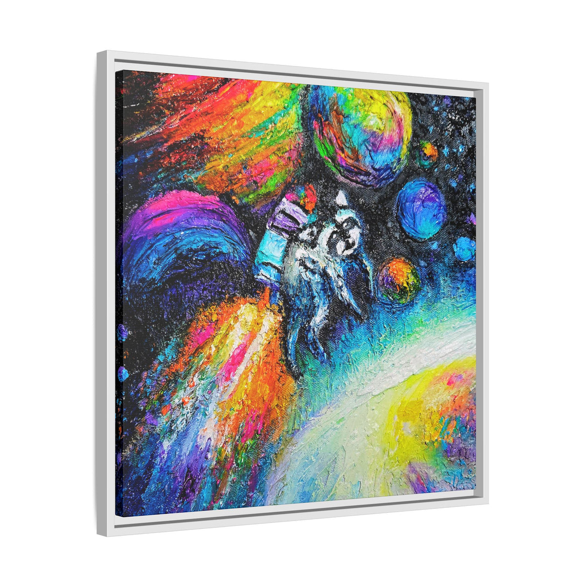 Framed Matte Jimothy in Space Canvas Art – Colorful Astronaut Space Painting