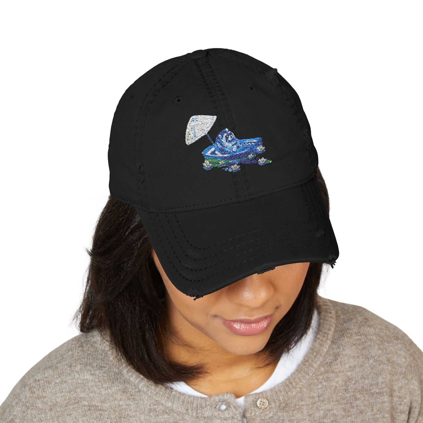 Distressed Embroidered Dad Hat — Blue Abstract Raccoon Design