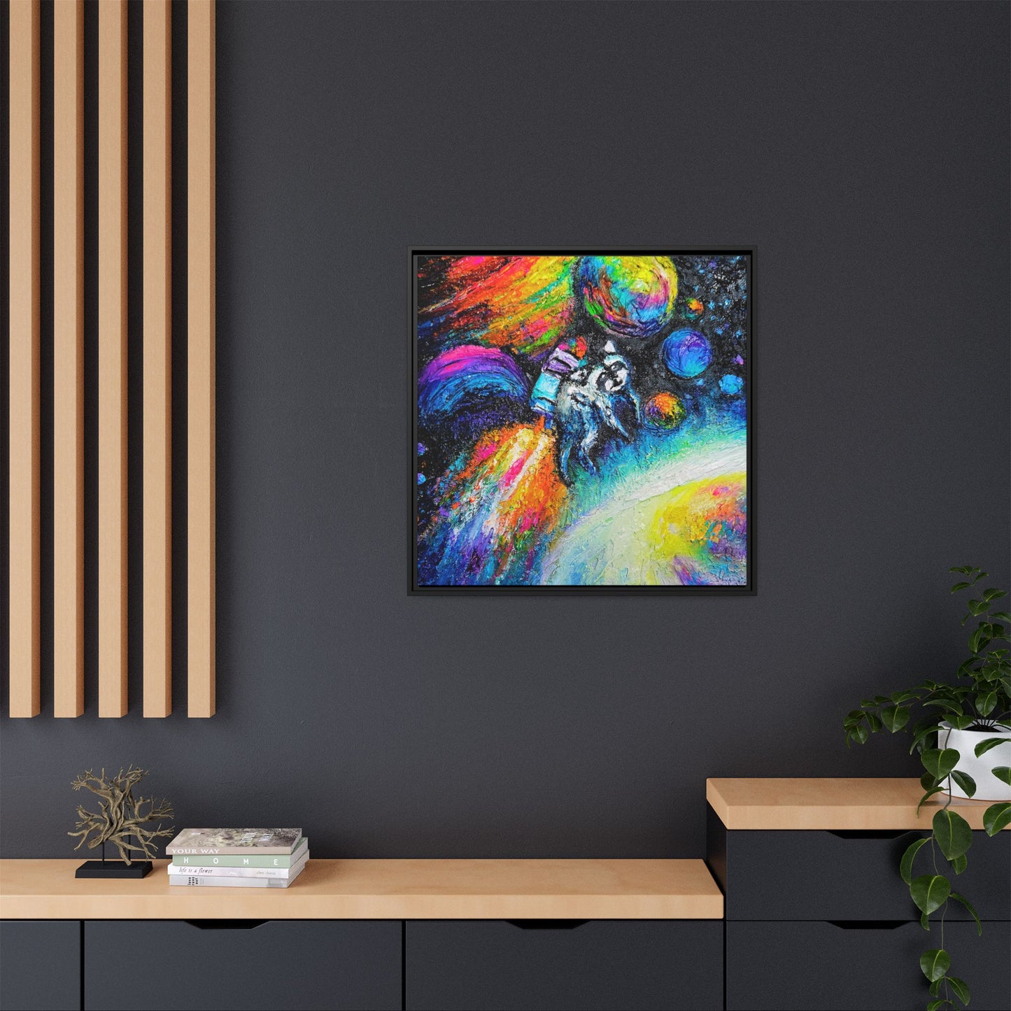 Framed Matte Jimothy in Space Canvas Art – Colorful Astronaut Space Painting