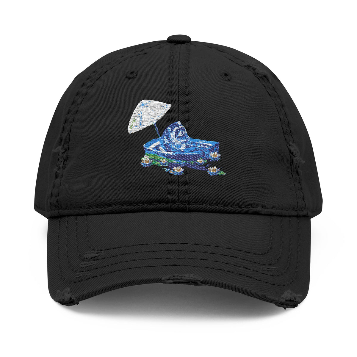 Distressed Embroidered Dad Hat — Blue Abstract Raccoon Design