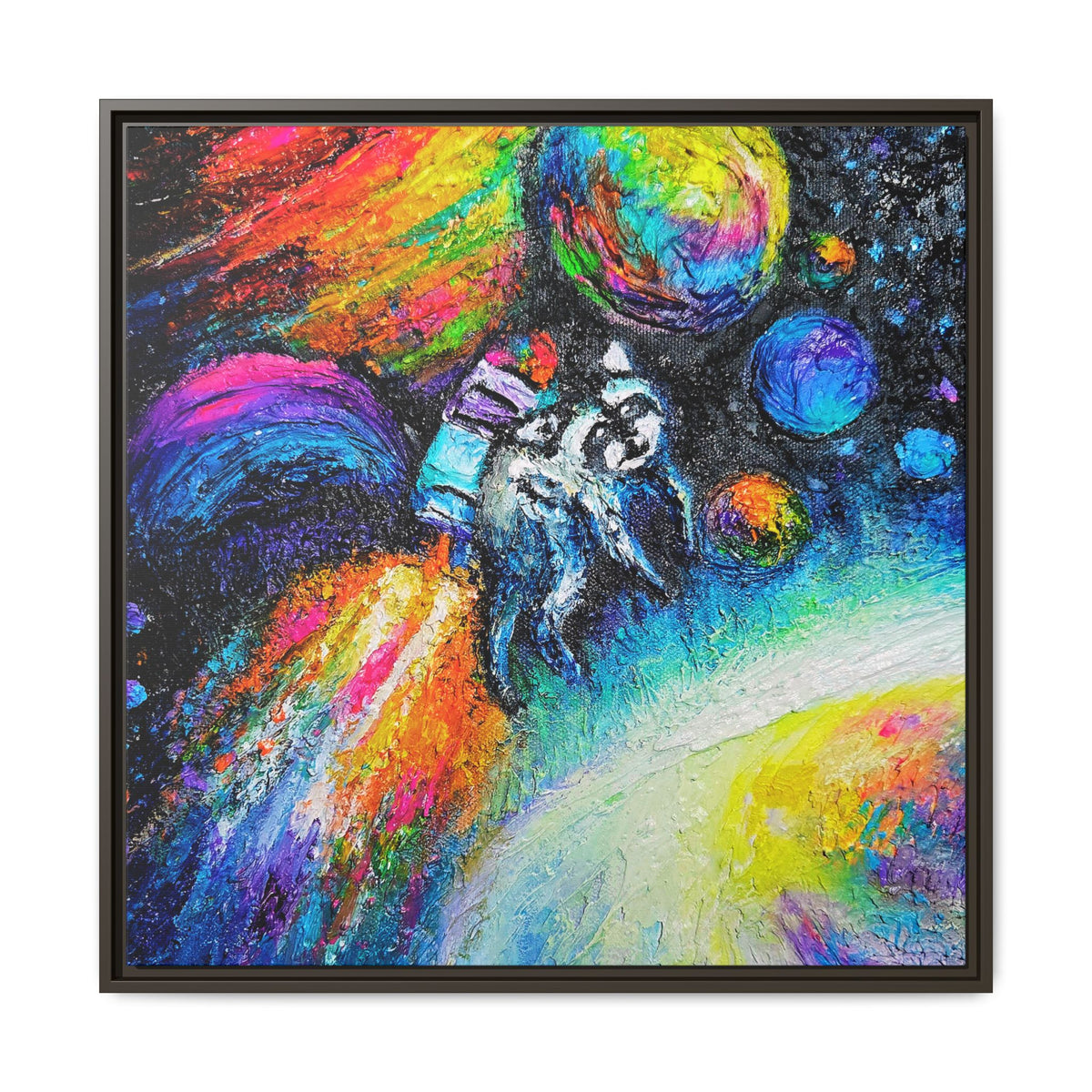 Framed Matte Jimothy in Space Canvas Art – Colorful Astronaut Space Painting