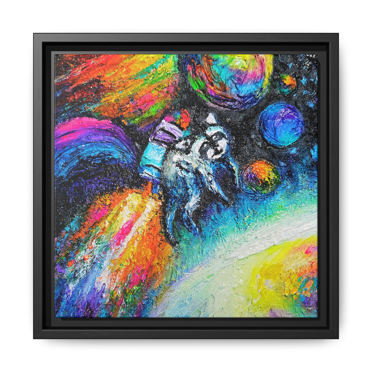Framed Matte Jimothy in Space Canvas Art – Colorful Astronaut Space Painting