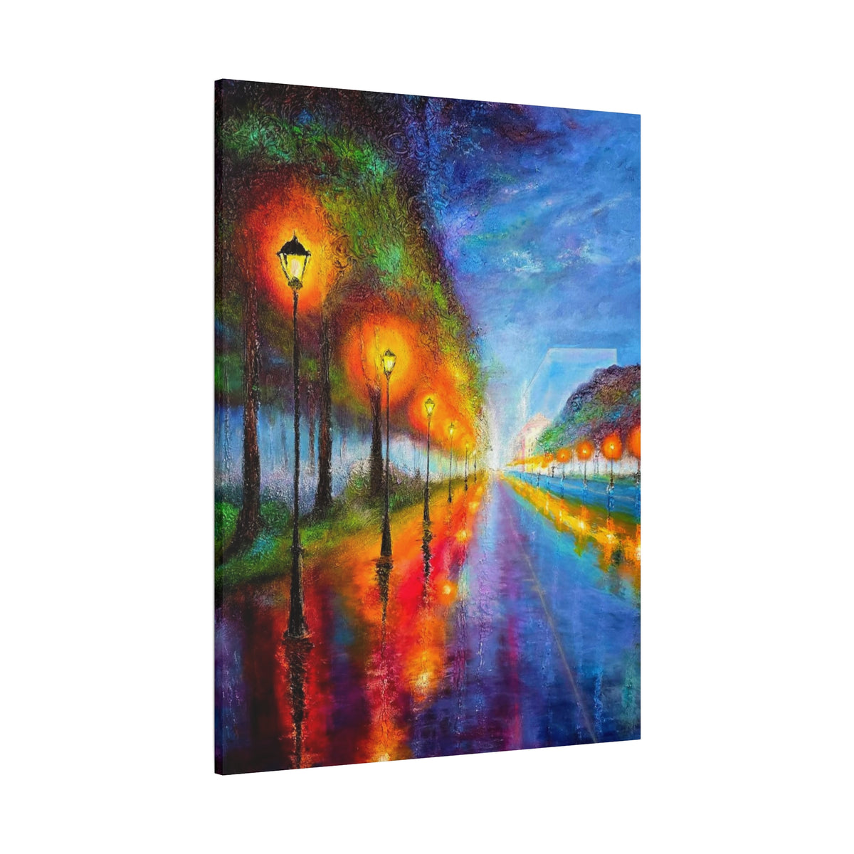 Colorful City Night Lamp Post Canvas Art — Matte Stretched Wall Decor