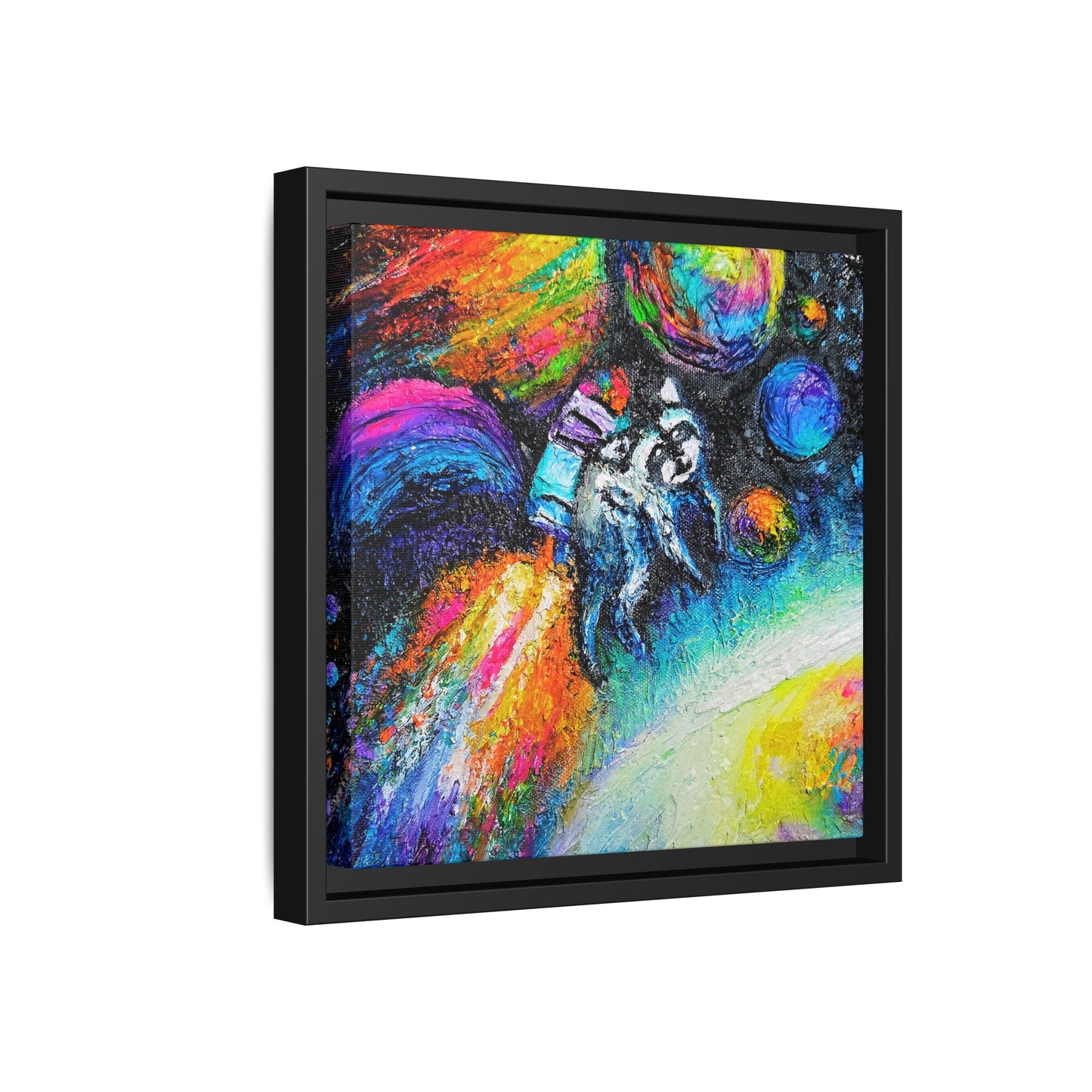 Framed Matte Jimothy in Space Canvas Art – Colorful Astronaut Space Painting