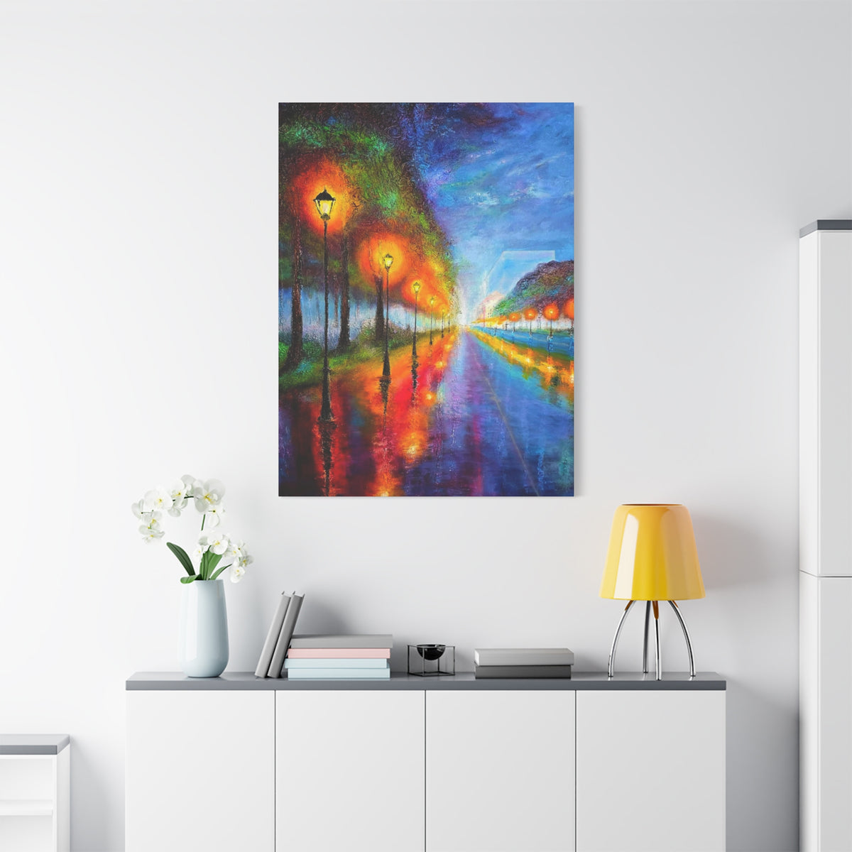 Colorful City Night Lamp Post Canvas Art — Matte Stretched Wall Decor