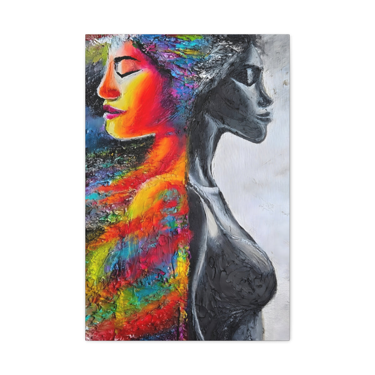 Duality Portrait Canvas Print — Colorful Woman & Monochrome Silhouette Stretched Matte