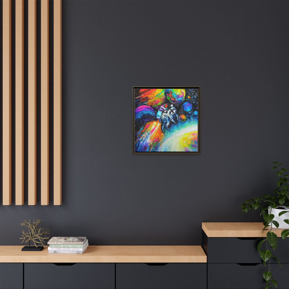 Framed Matte Jimothy in Space Canvas Art – Colorful Astronaut Space Painting