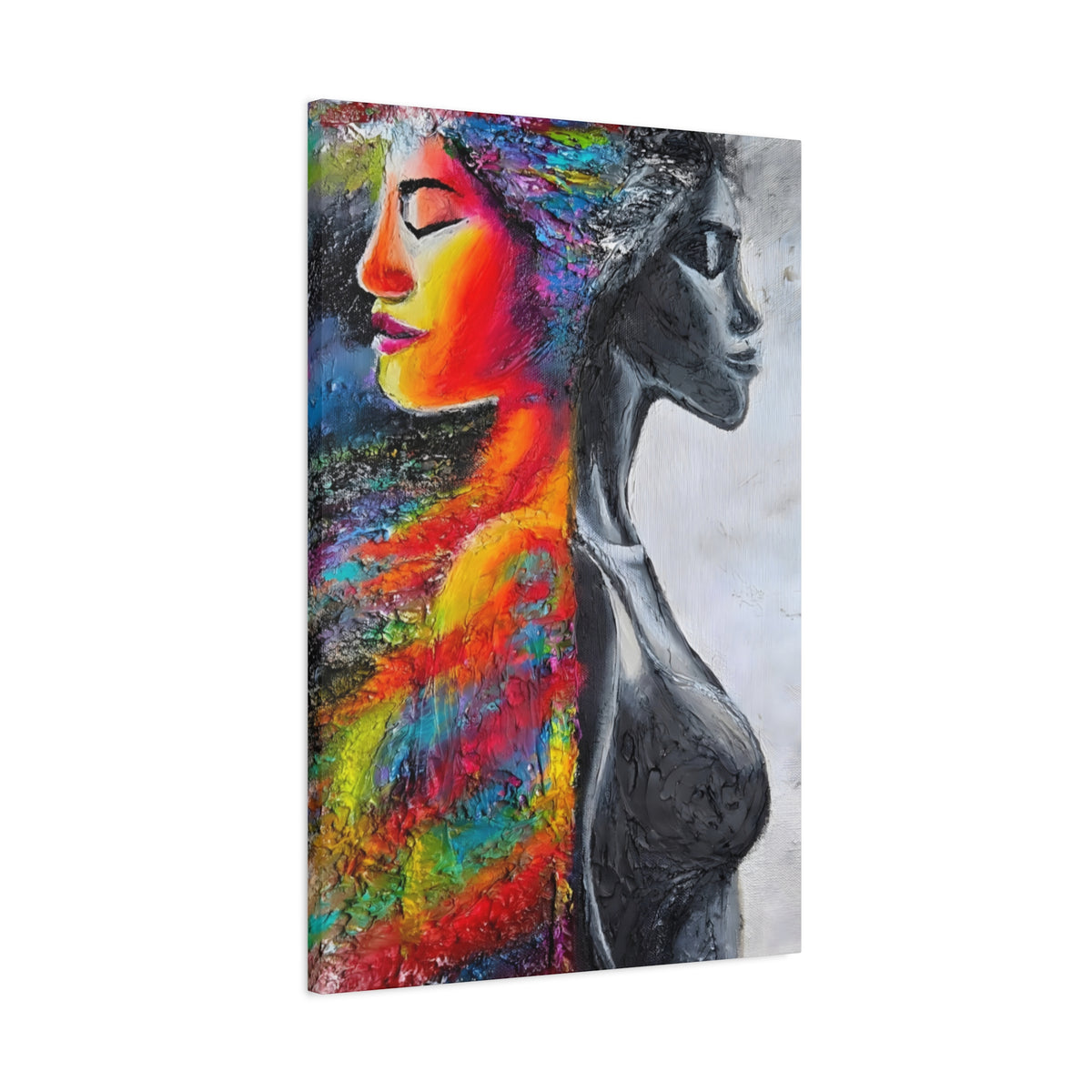Duality Portrait Canvas Print — Colorful Woman & Monochrome Silhouette Stretched Matte