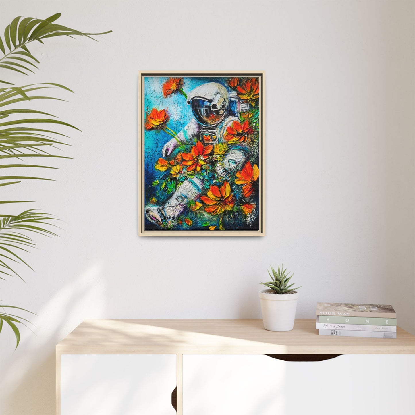 Framed Astronaut Art Print — Colorful Floral Space Canvas