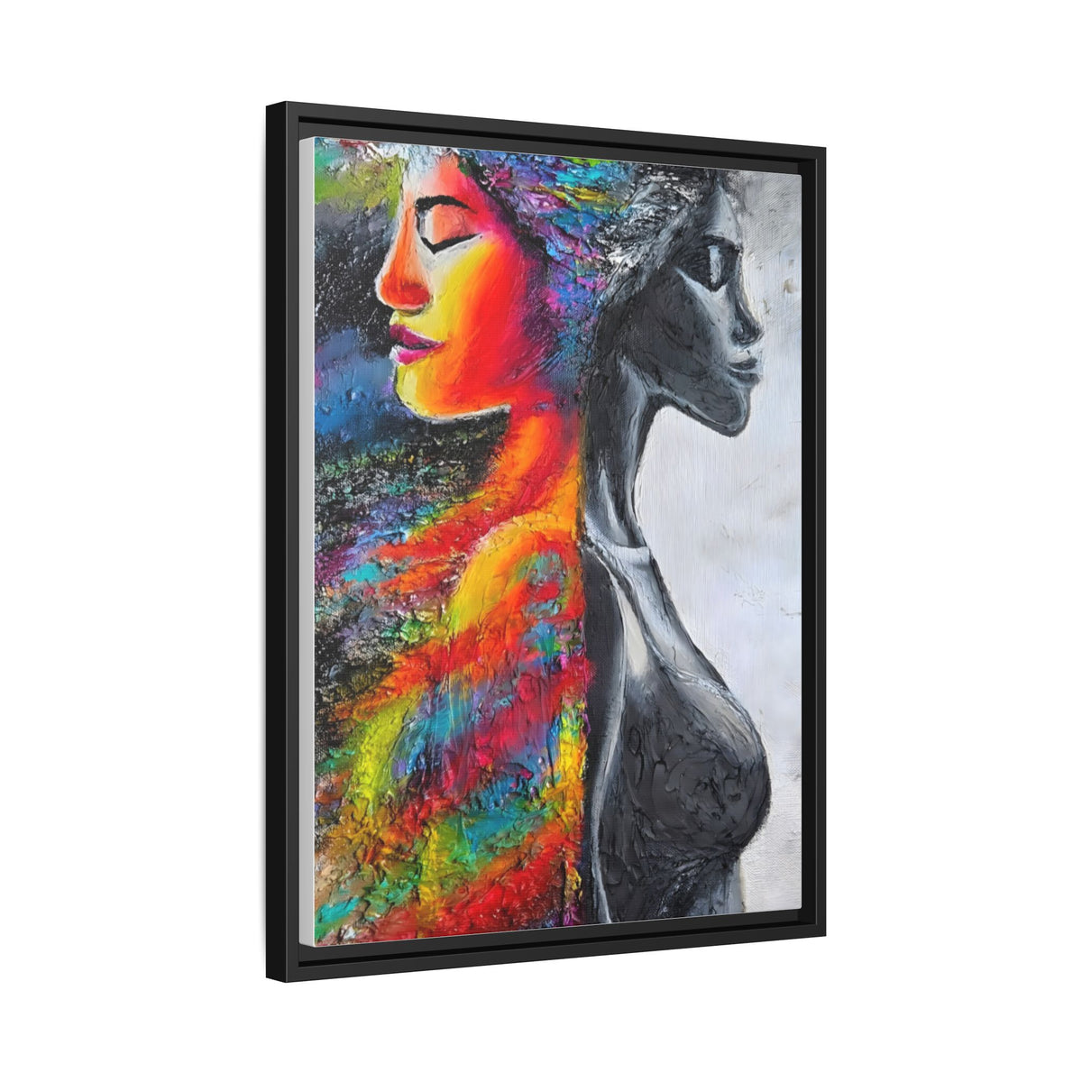 Framed Matte Canvas Art – Colorful Dual-Faced Woman Portrait