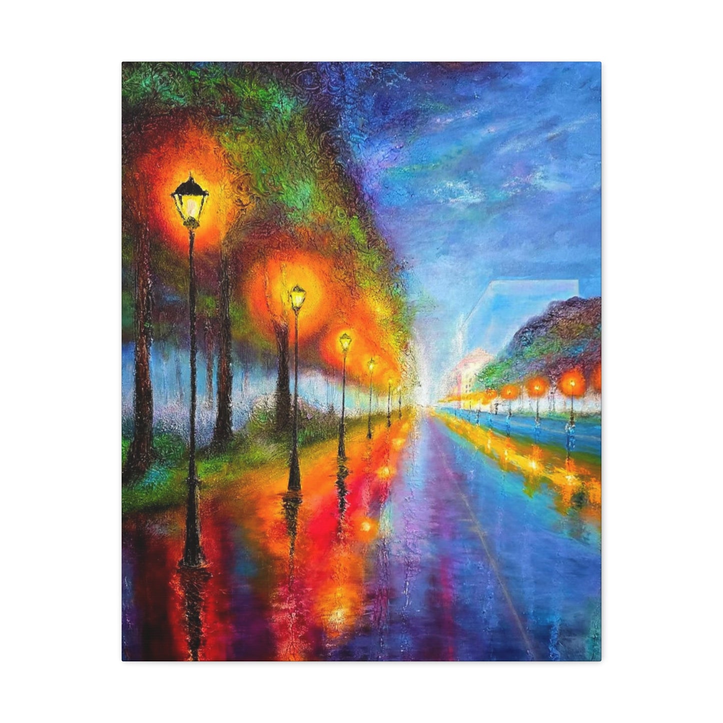 Colorful City Night Lamp Post Canvas Art — Matte Stretched Wall Decor