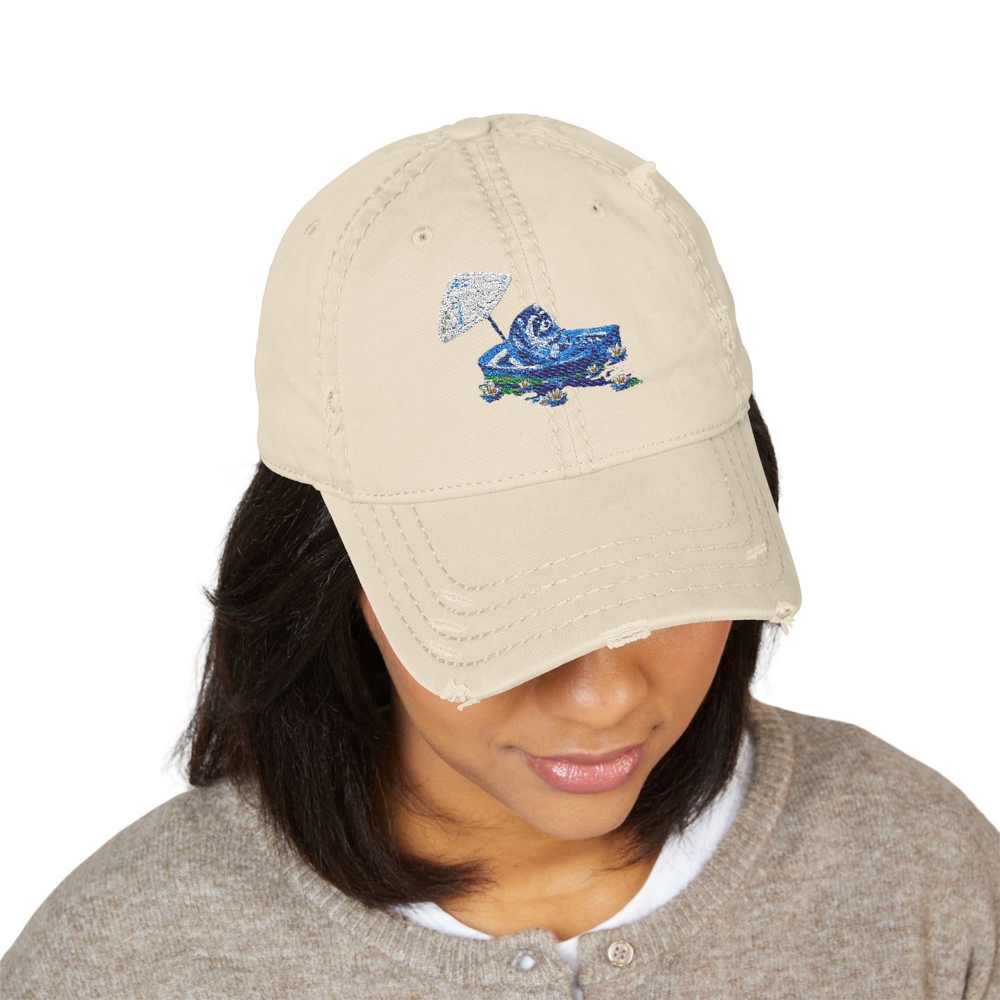 Distressed Embroidered Dad Hat — Blue Abstract Raccoon Design