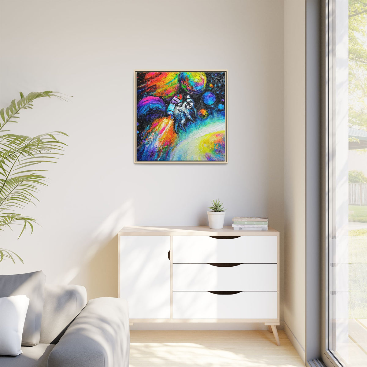 Framed Matte Jimothy in Space Canvas Art – Colorful Astronaut Space Painting