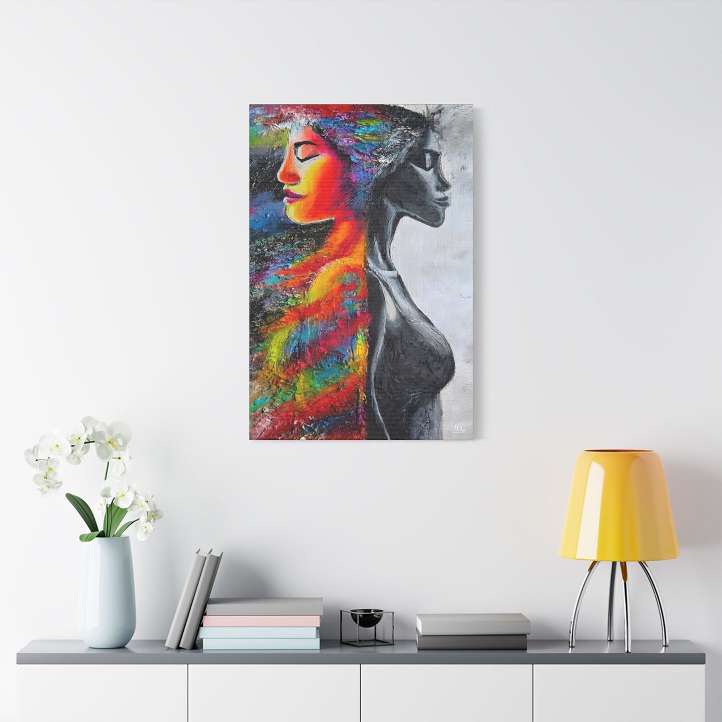 Abstract Duality Portrait Satin Canvas Art - Colorful Woman & Monochrome Silhouette Stretched