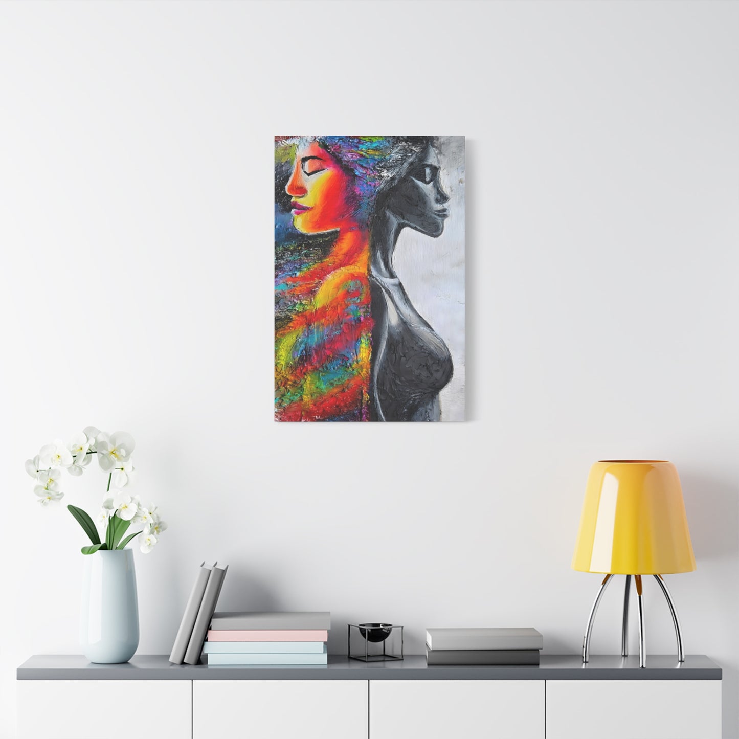 Duality Portrait Canvas Print — Colorful Woman & Monochrome Silhouette Stretched Matte