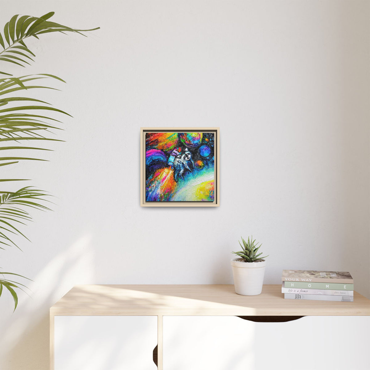 Framed Matte Jimothy in Space Canvas Art – Colorful Astronaut Space Painting