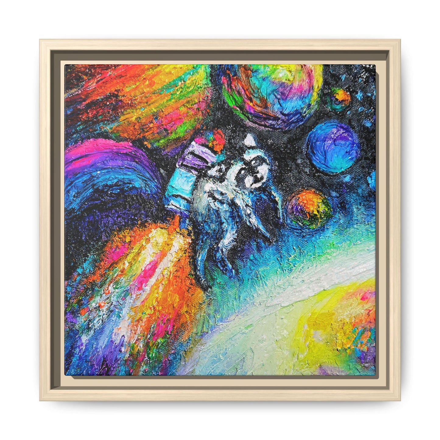 Framed Matte Jimothy in Space Canvas Art – Colorful Astronaut Space Painting