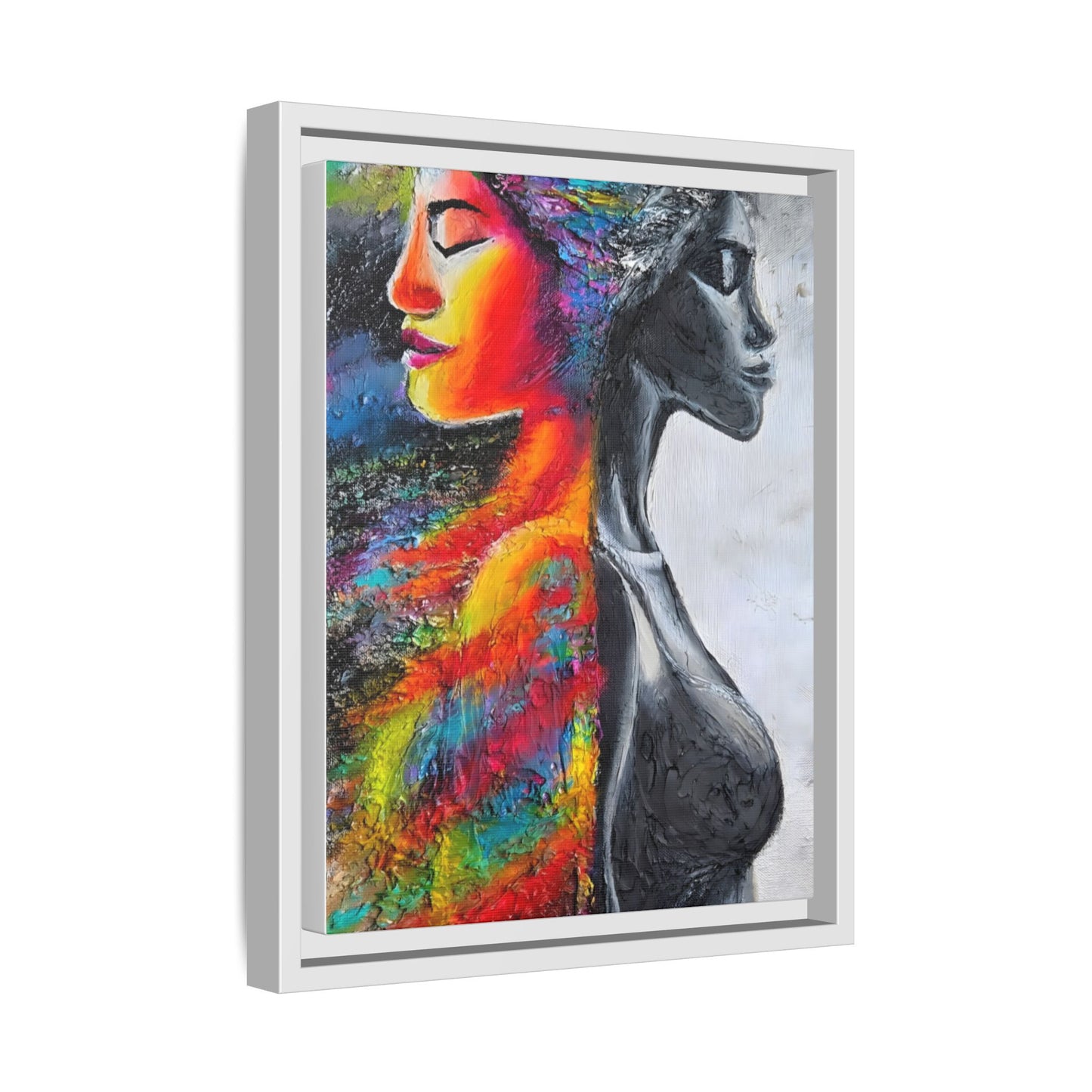 Framed Matte Canvas Art – Colorful Dual-Faced Woman Portrait