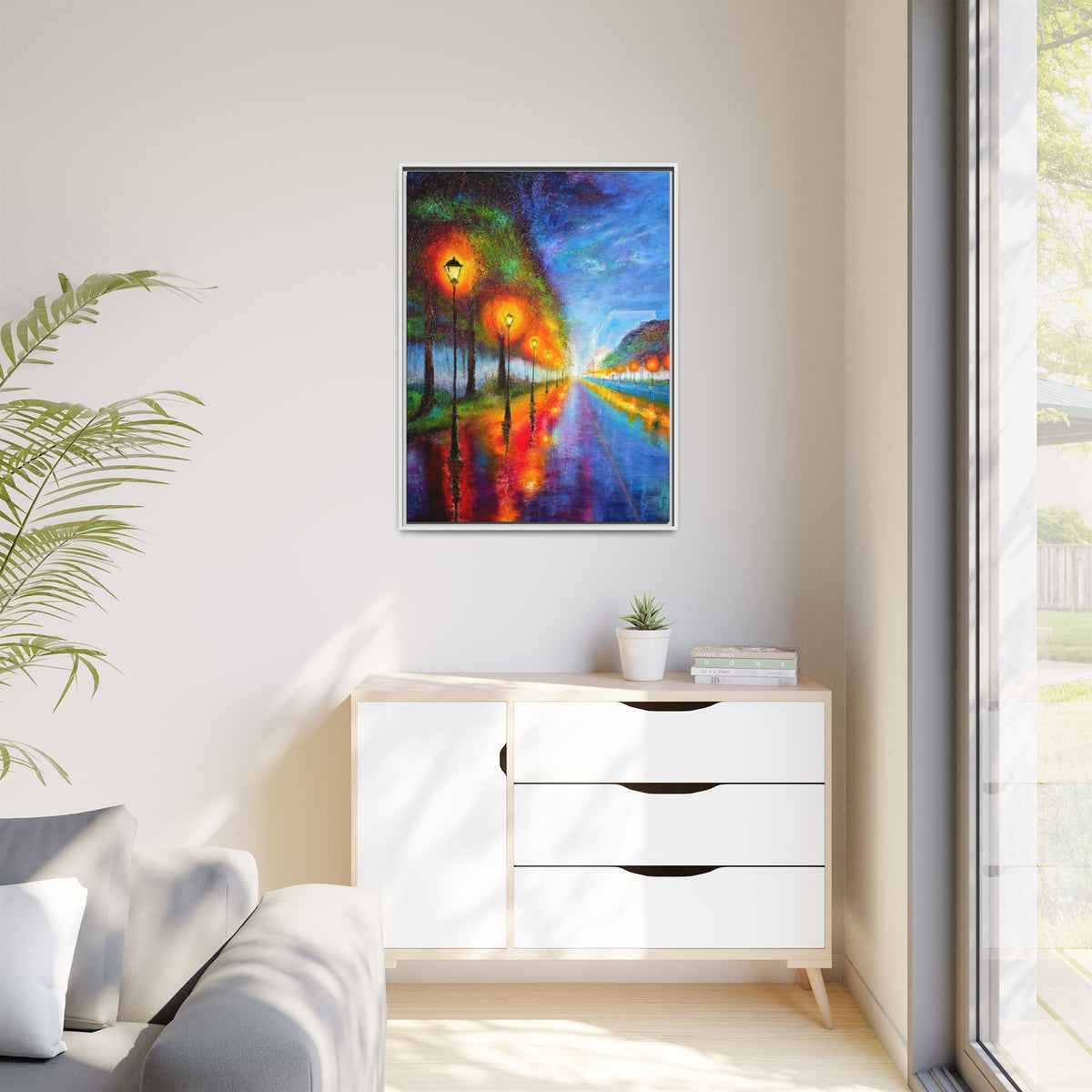 Framed Matte Canvas - Colorful City Street Lamp Nightscape