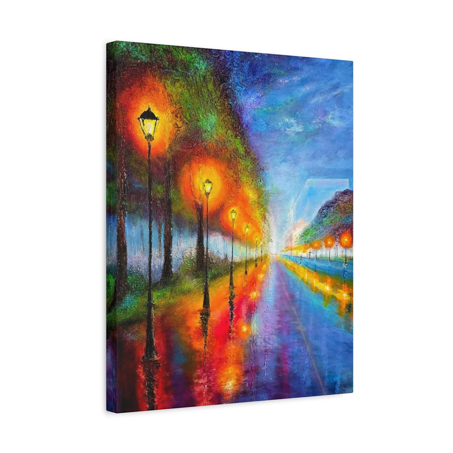 Colorful City Night Lamp Post Canvas Art — Matte Stretched Wall Decor