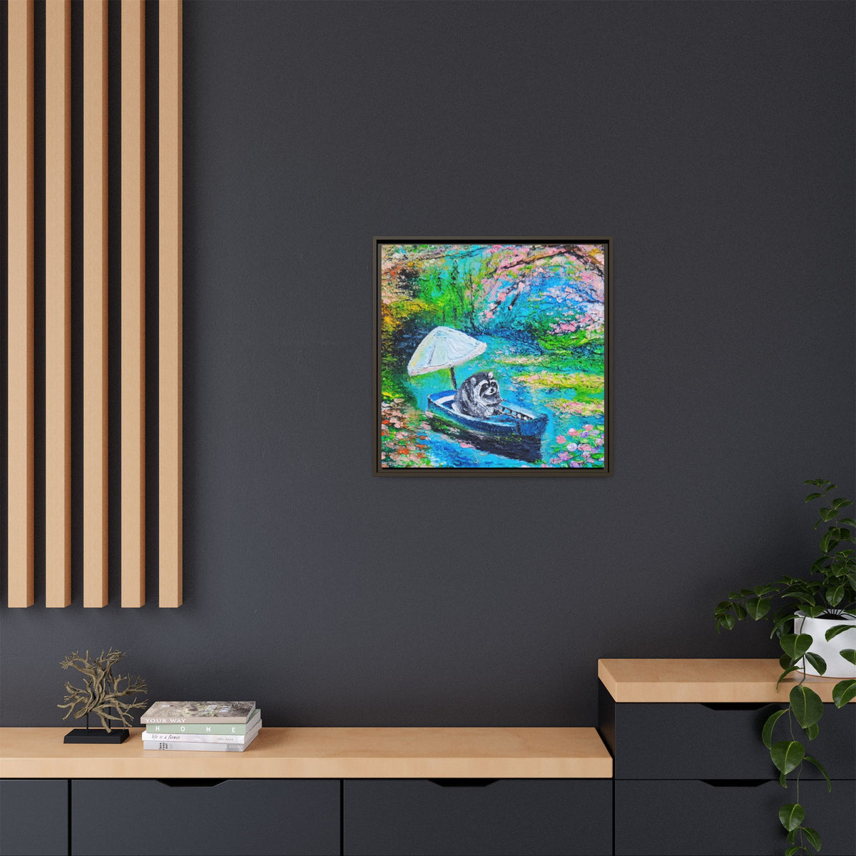 Framed Matte Canvas Art — Jimothy in a Boat Spring Landscape