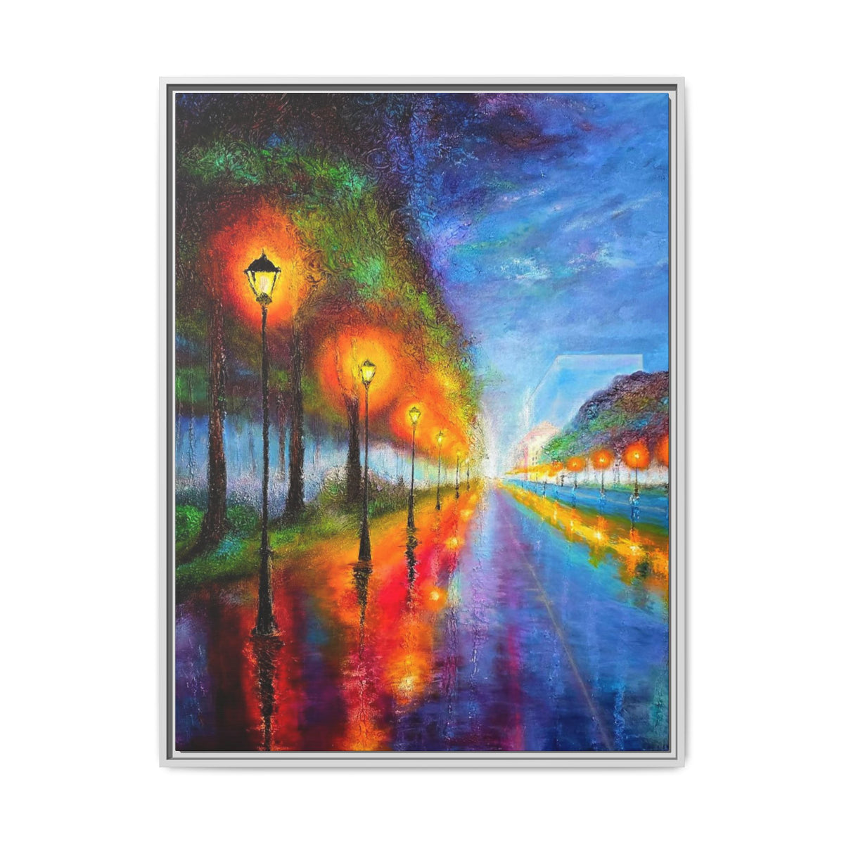 Framed Matte Canvas - Colorful City Street Lamp Nightscape