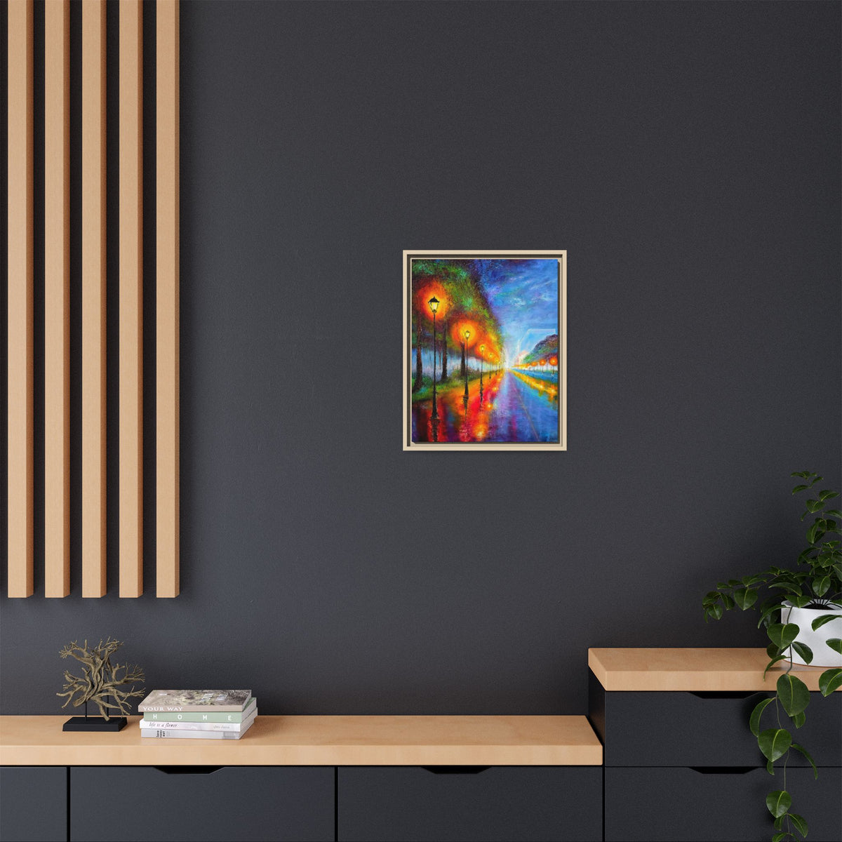 Framed Matte Canvas - Colorful City Street Lamp Nightscape