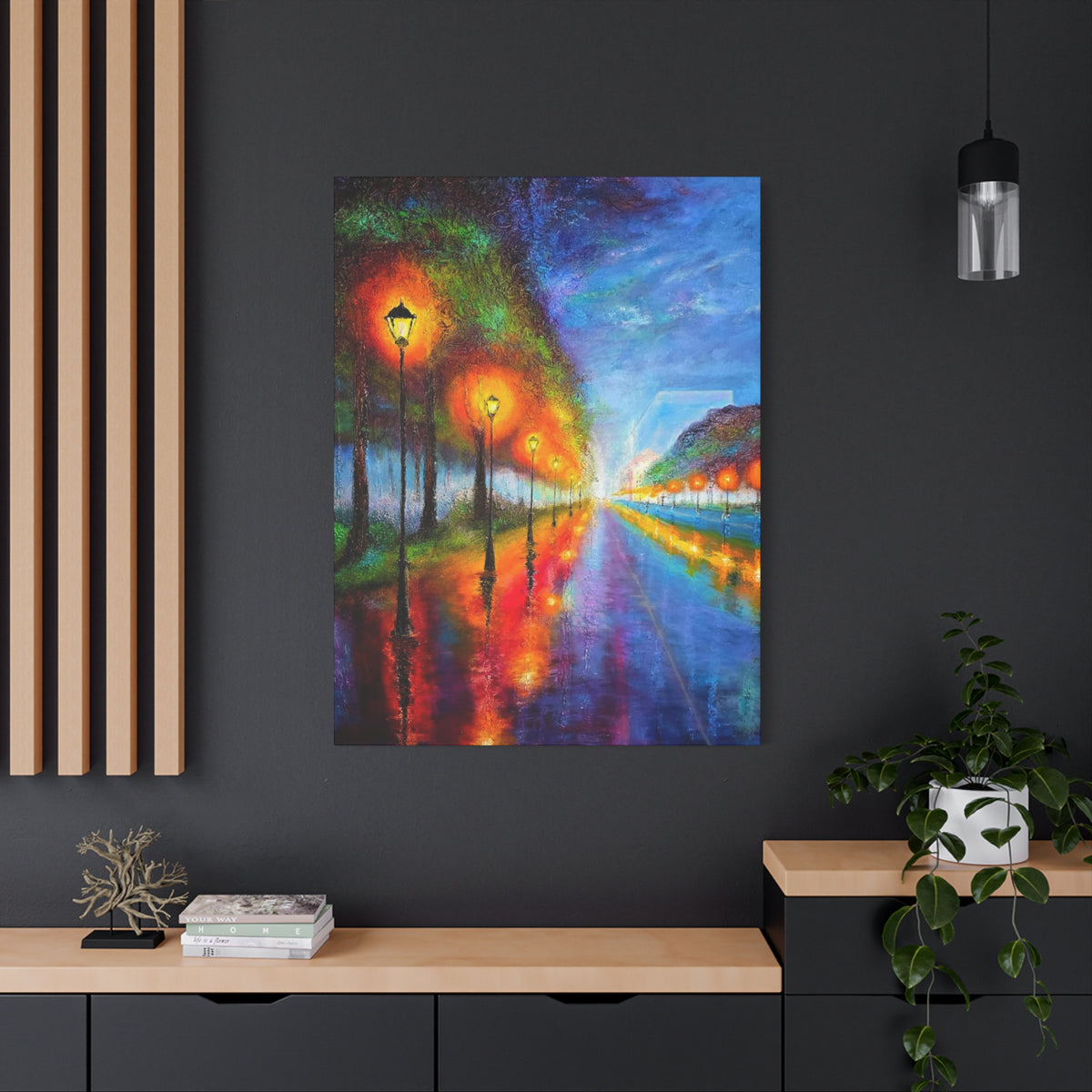 Colorful City Night Lamp Post Canvas Art — Matte Stretched Wall Decor